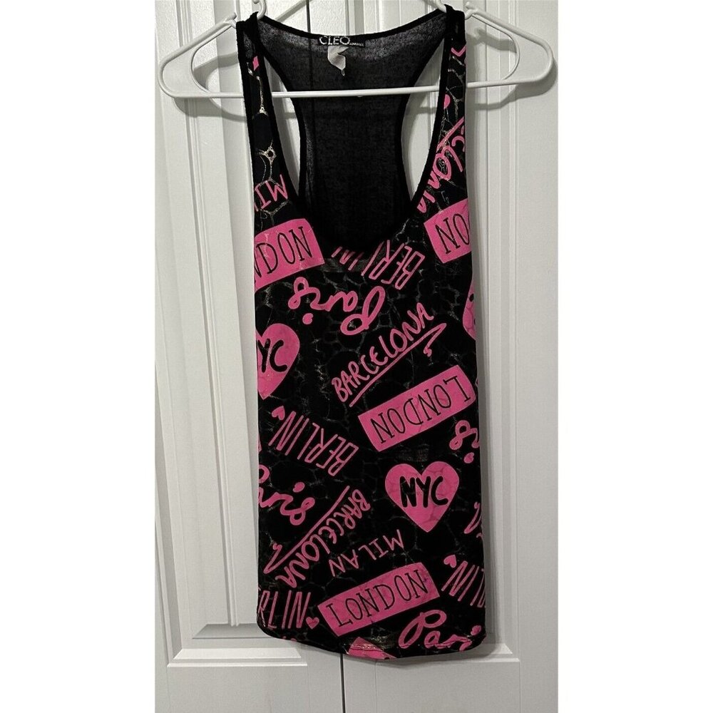 Cleo Apparel Tank Top Womens Black Pink Graffiti Small Racerback City Names
